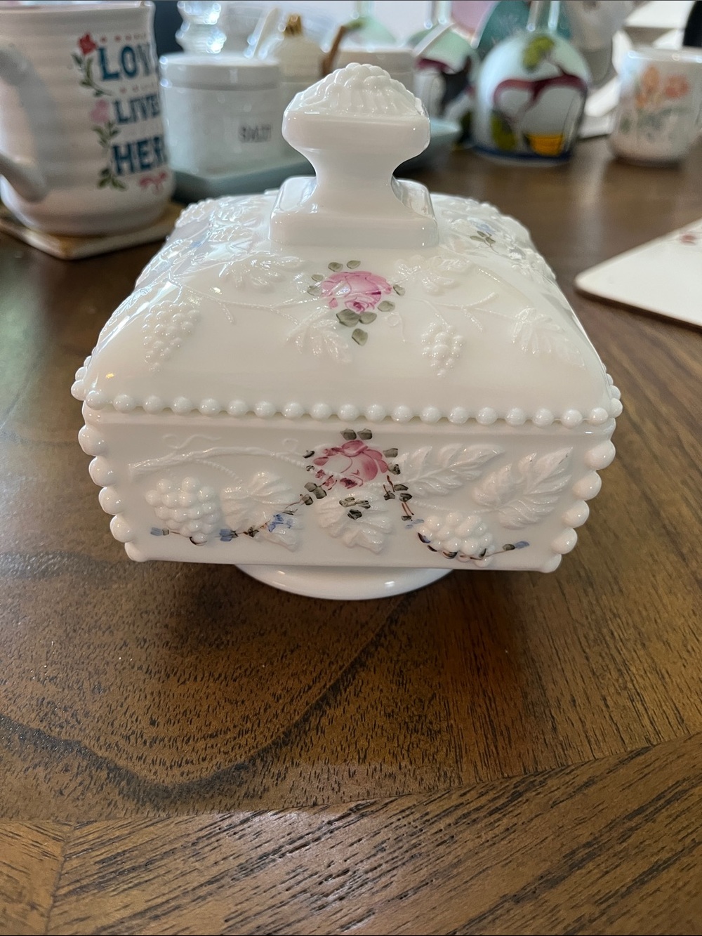 Westmoreland White VintageMilk Glass Wedding Box with Pink Rose and Green Leaves